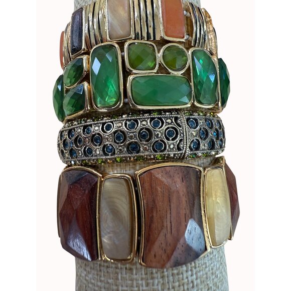 Lot Of 4 Stretch Bracelets With Green Orange & Brown Gemstone Accents & Gold-Ton - Picture 1 of 10